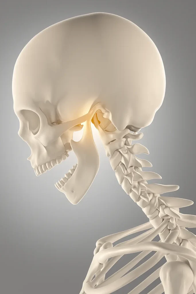 Ilustración 3D de la articulación temporomandibular (ATM) y su conexión con el cráneo y la mandíbula.