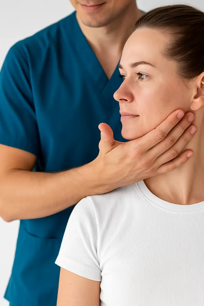 Fisioterapeuta realizando tratamiento manual de ATM en paciente